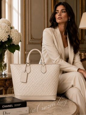 Authentic Gucci Guccissima Padded Embossed GG Leather Trim Large Tote Bag Ivory